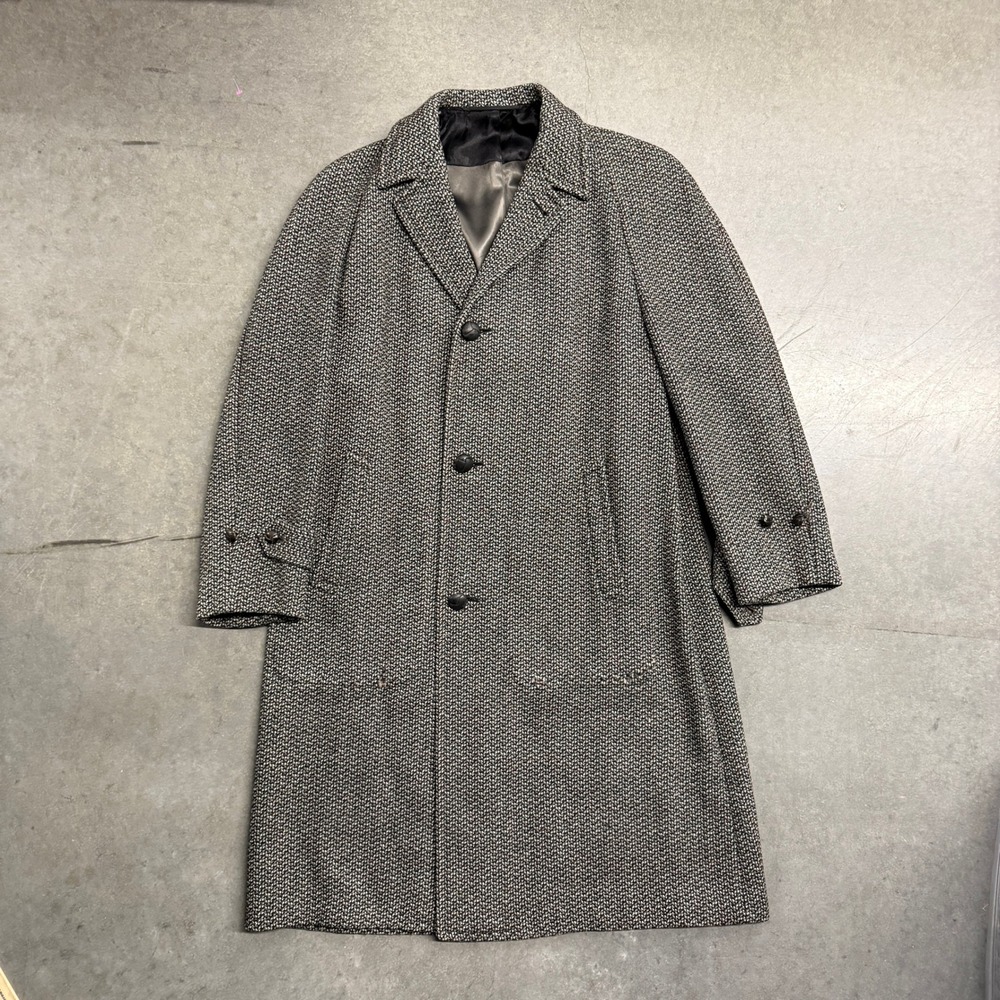 Vintage Kuppenheimer Irish Traveler Wool Tweed Overcoat Grey Black Donegal Coat